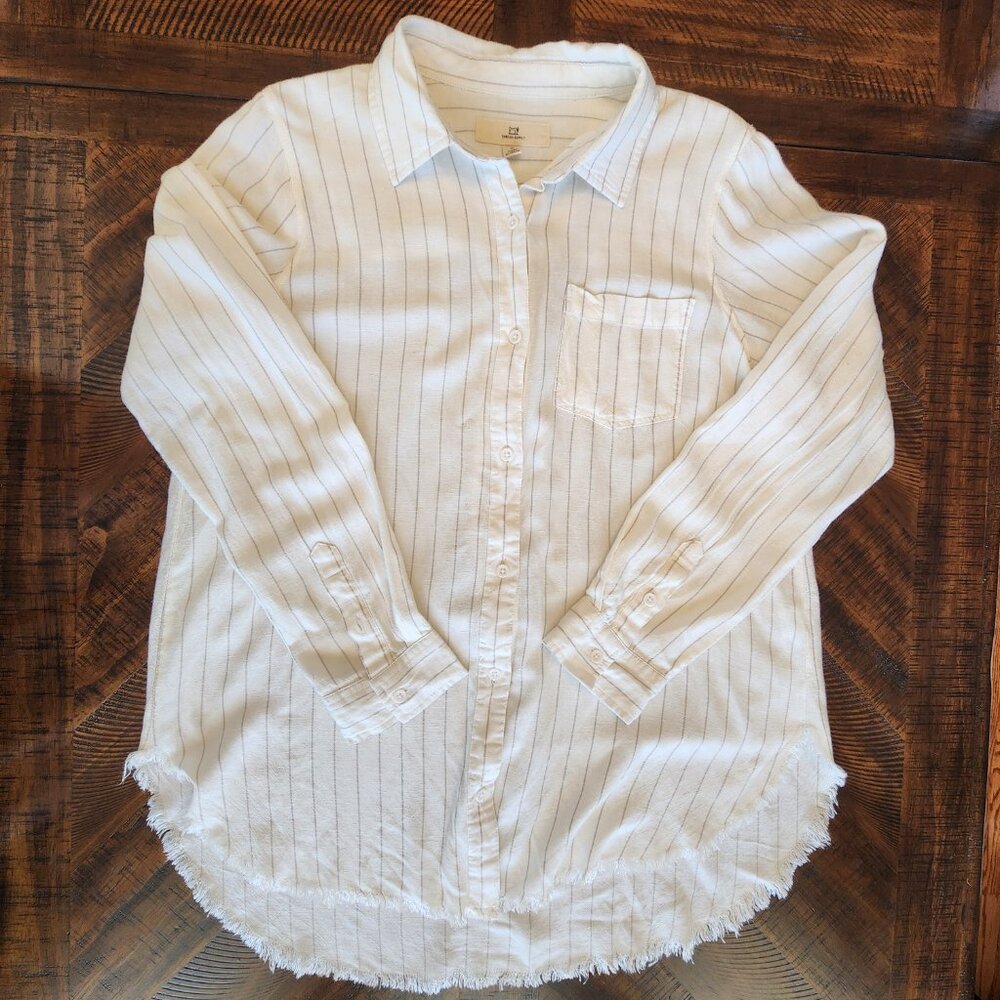 Thread & Supply Linen Blend Button Down Long Sleeve Blouse With Raw Hem | Medium
